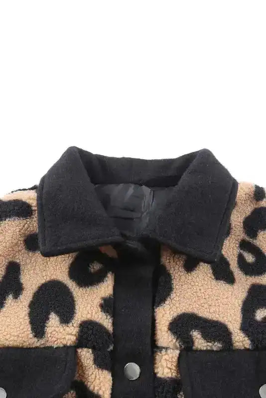 Black Contrast Trimmed Leopard Teddy Shacket - Fashionfitz