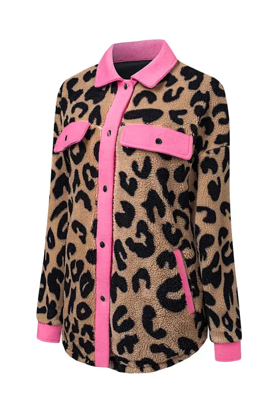 Black contrast trimmed leopard teddy shacket - shackets