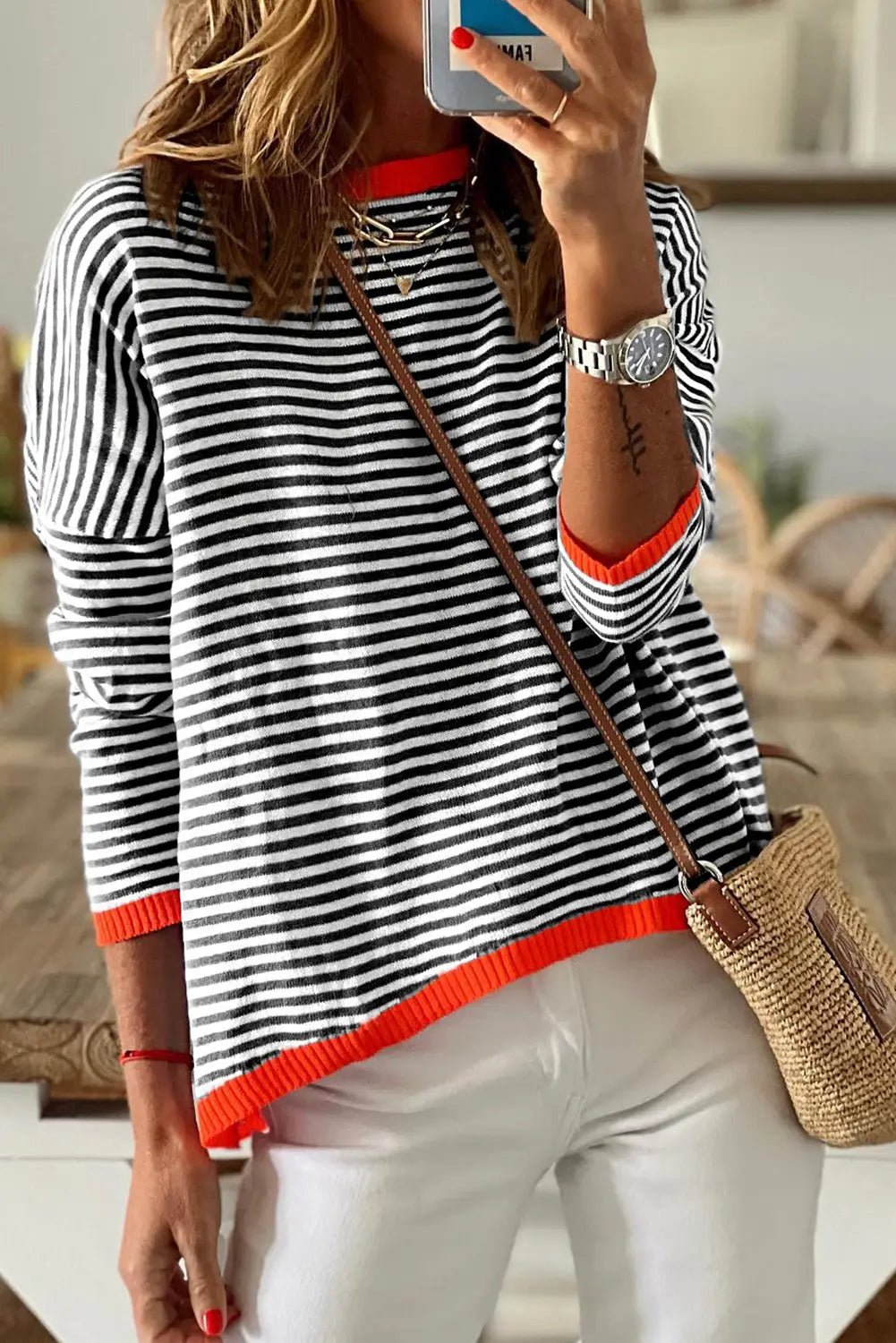 Black contrast trimmed striped drop shoulder sweater - s / 100% cotton - sweaters & cardigans