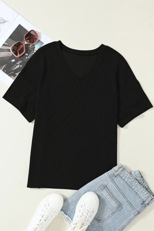 Black corded v neck chest pocket loose t-shirt - t-shirts