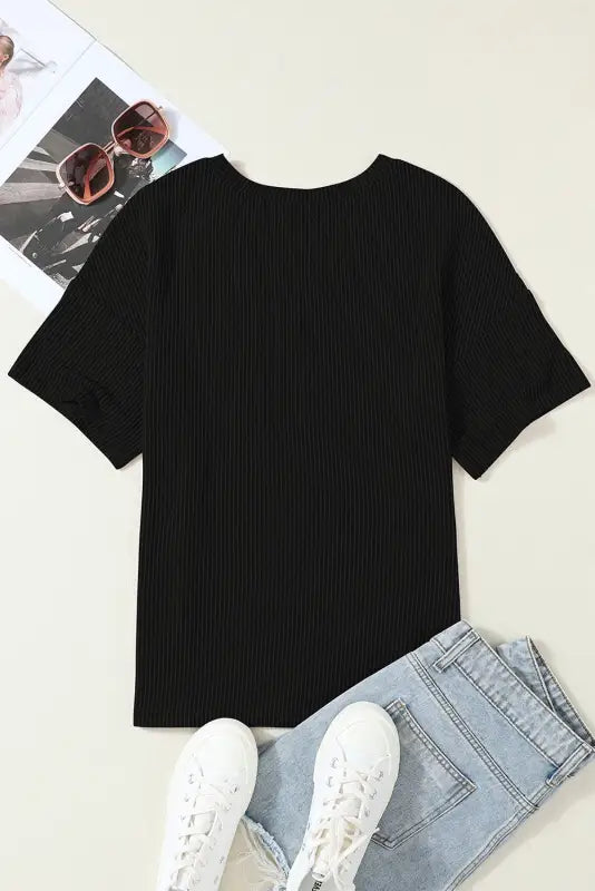 Black corded v neck chest pocket loose t-shirt - t-shirts