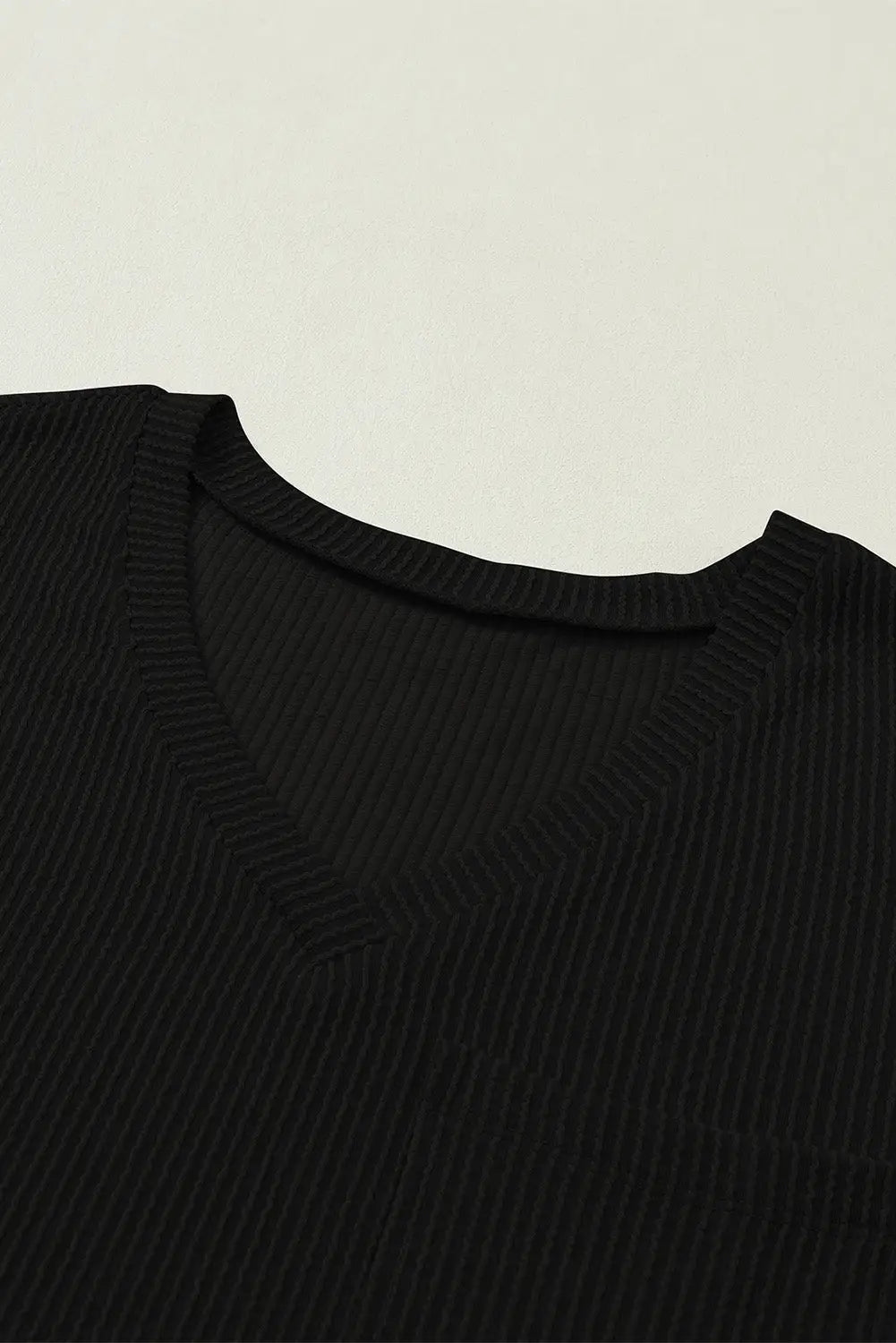 Black corded v neck chest pocket loose t-shirt - t-shirts