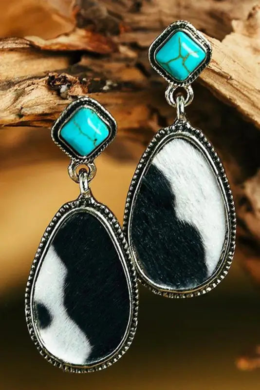 Black cow print turquoise drop earrings - accessories