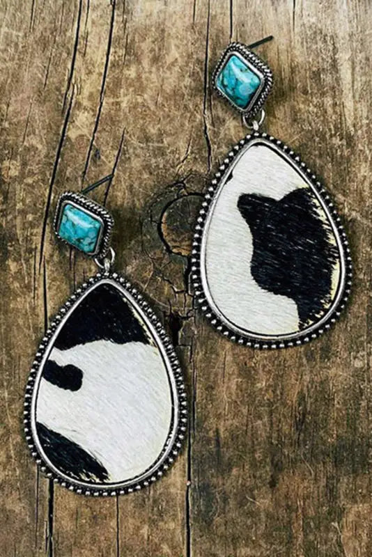 Black cow print turquoise drop earrings - accessories