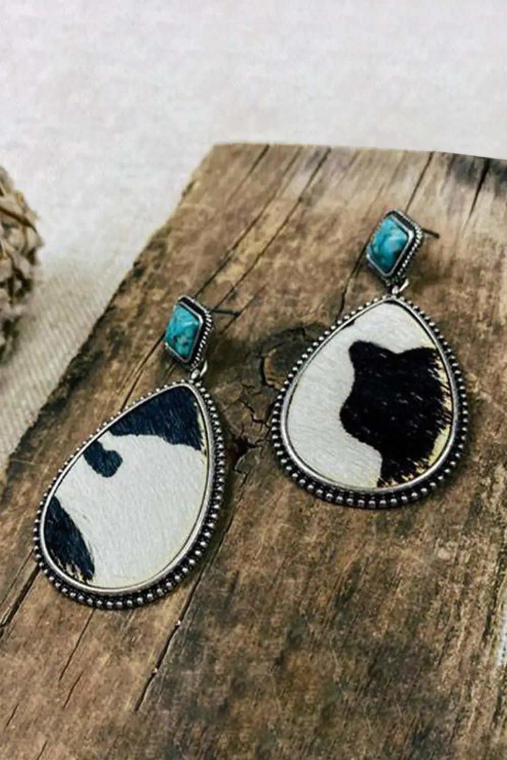 Black cow print turquoise drop earrings - one size