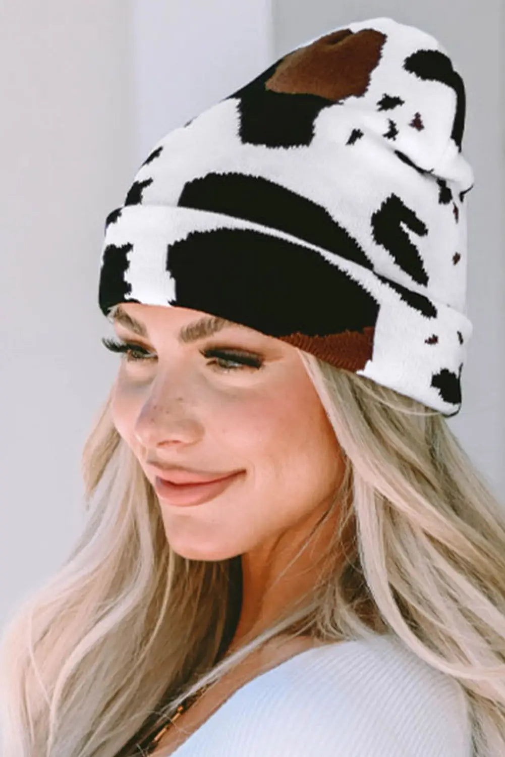 Black cow spots printed warm beanie hat - one size
