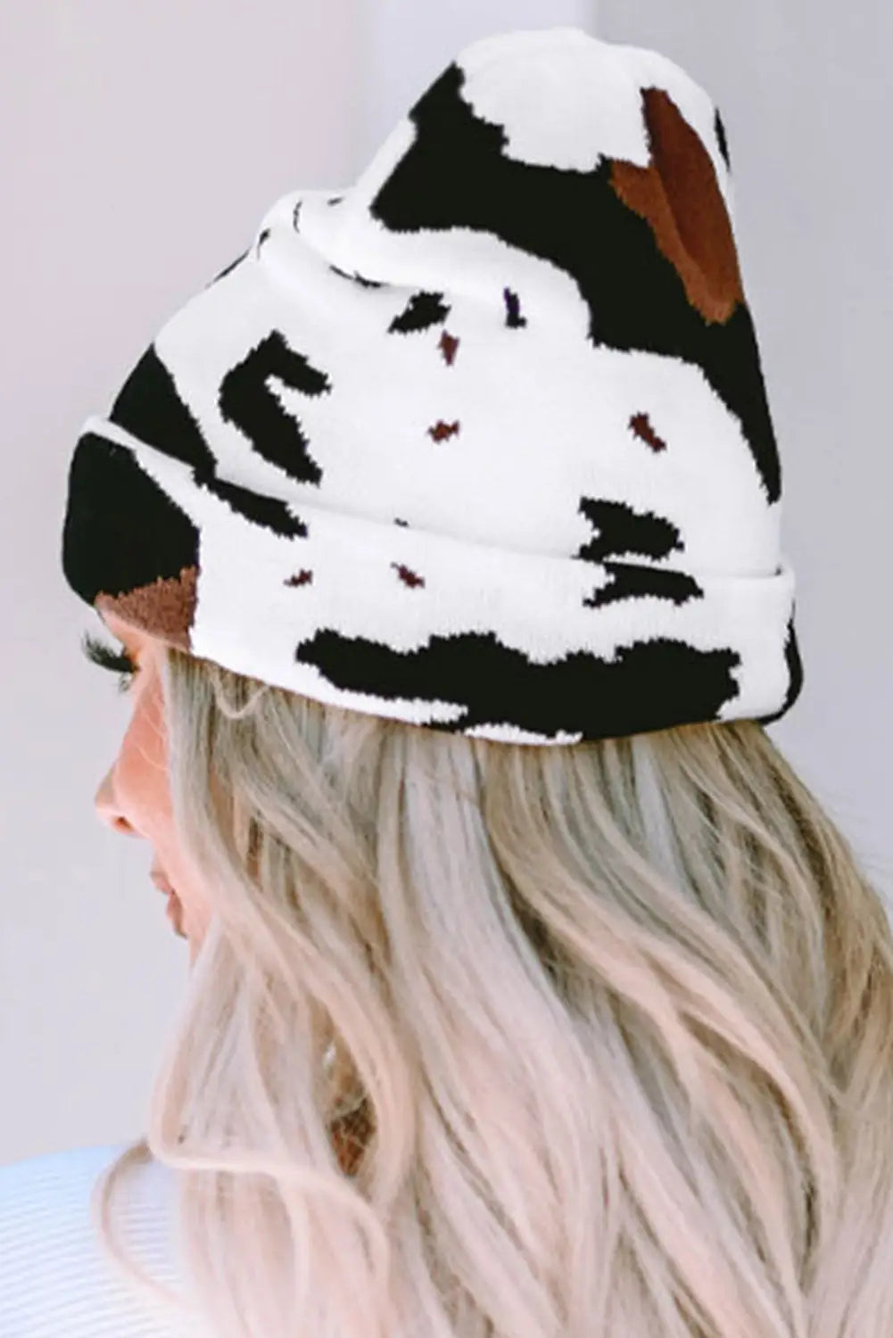 Black cow spots printed warm beanie hat - one size