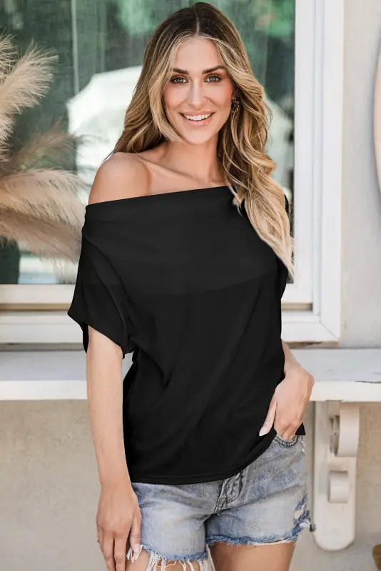 Black cowl neck bat sleeve t shirt - s / 95% polyester + 5% elastane - tops & tees