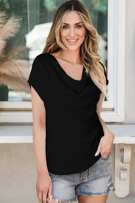 Black cowl neck bat sleeve t shirt - tops & tees