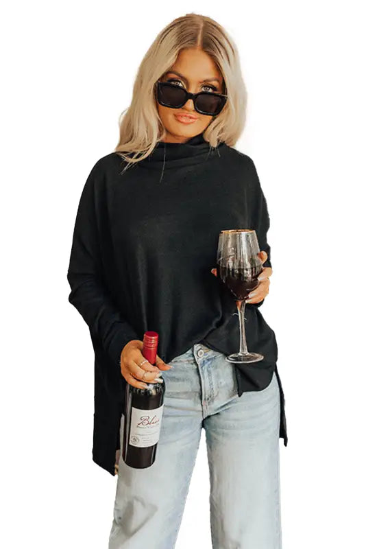 Black cowl neck shift tunic top - long sleeve tops