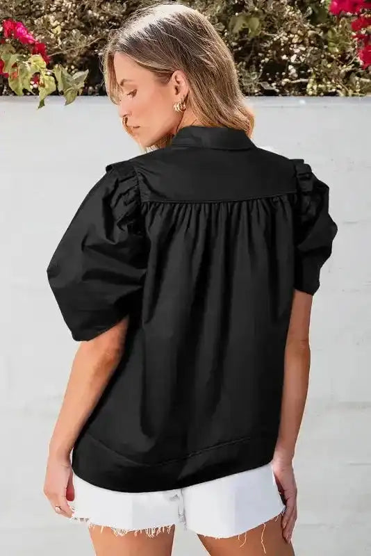 Black Crisp Puff Sleeve Loose Shirt - Fashionfitz