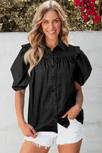 Black Crisp Puff Sleeve Loose Shirt - Fashionfitz