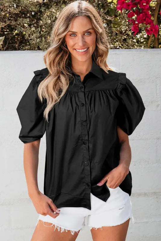 Black crisp puff sleeve loose shirt - tops/blouses & shirts