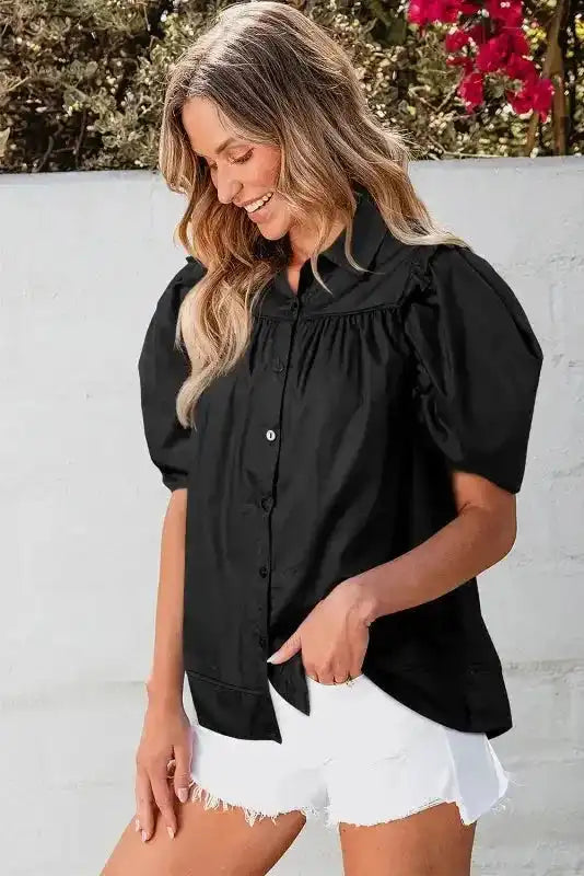 Black Crisp Puff Sleeve Loose Shirt - Fashionfitz