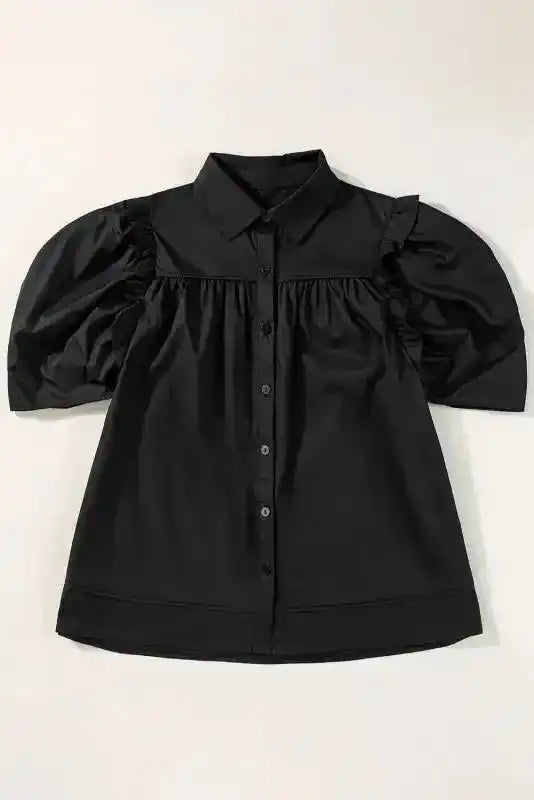 Black Crisp Puff Sleeve Loose Shirt - Fashionfitz