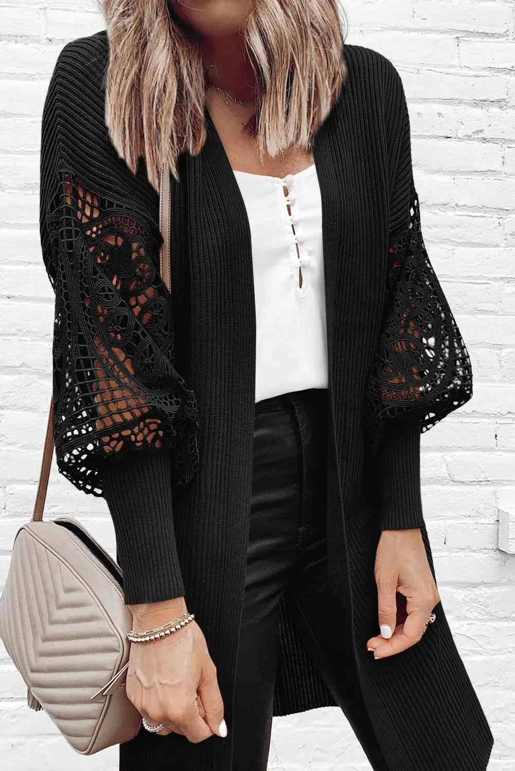 Black crochet lace sleeve ribbed knit cardigan - s / 57% viscose + 27% polyester + 16% polyamide - sweaters & cardigans