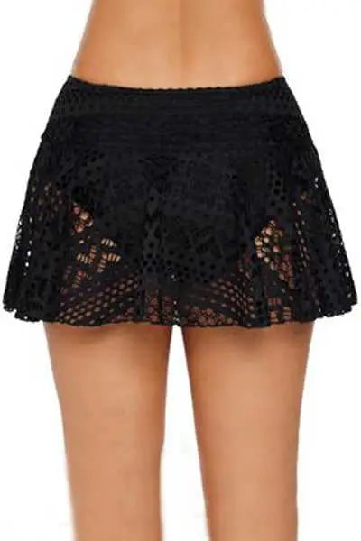 Black Crochet Lace Swim Skorts back view