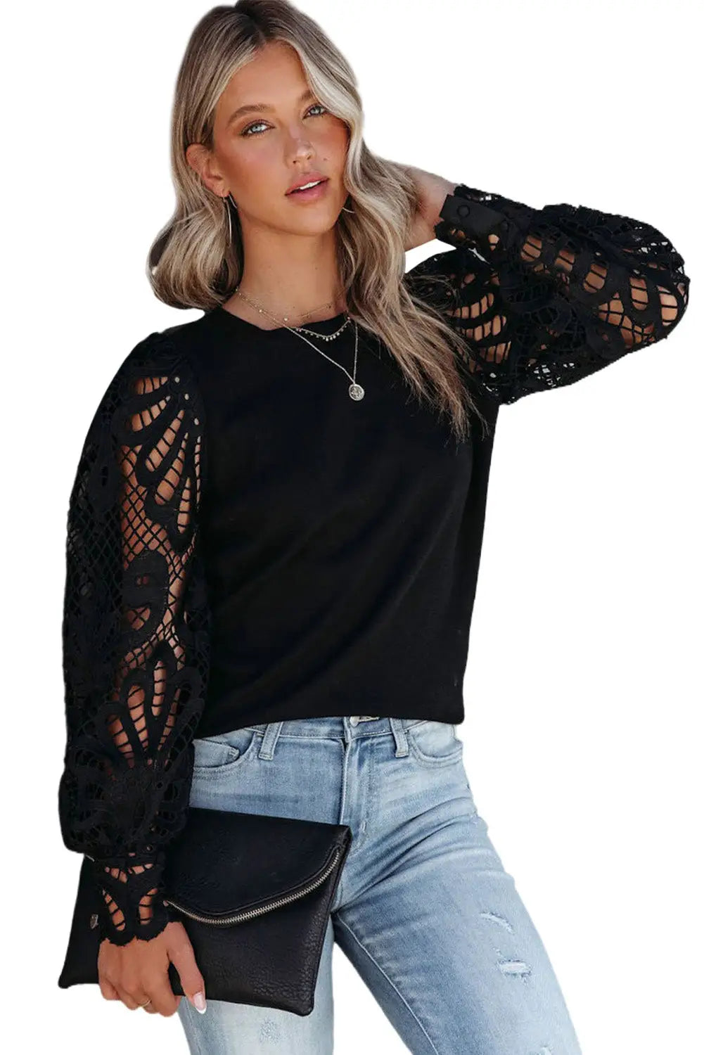 Black crochet sleeve crew neck blouse - tops