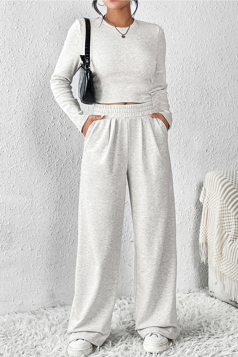 Black crop top and wide leg pants two piece set - beige / l / 65% polyester + 35% cotton - sets