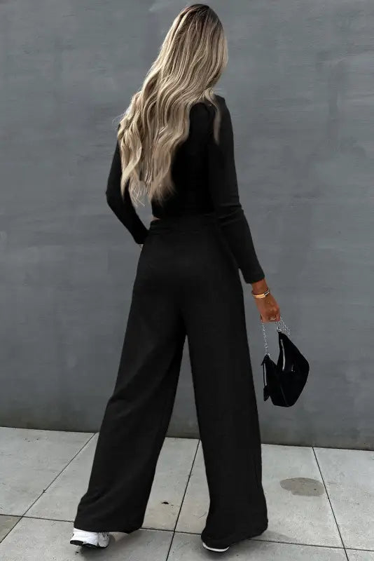 Black crop top and wide leg pants two piece set - loungewear