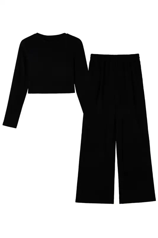 Black crop top and wide leg pants two piece set - loungewear