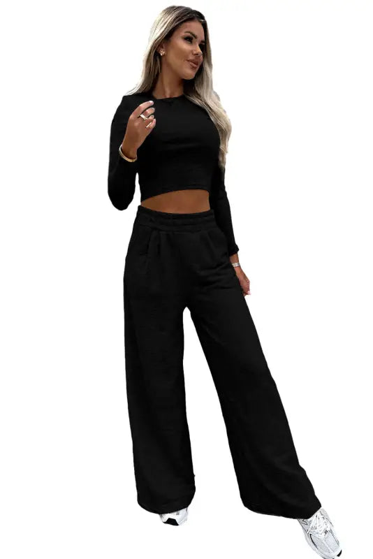 Black crop top and wide leg pants two piece set - loungewear