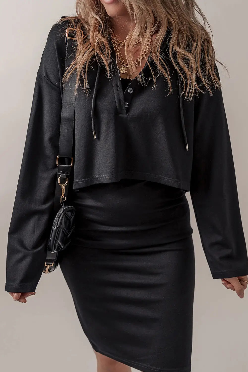Black cropped hoodie slip dress 2pcs outfit - loungewear