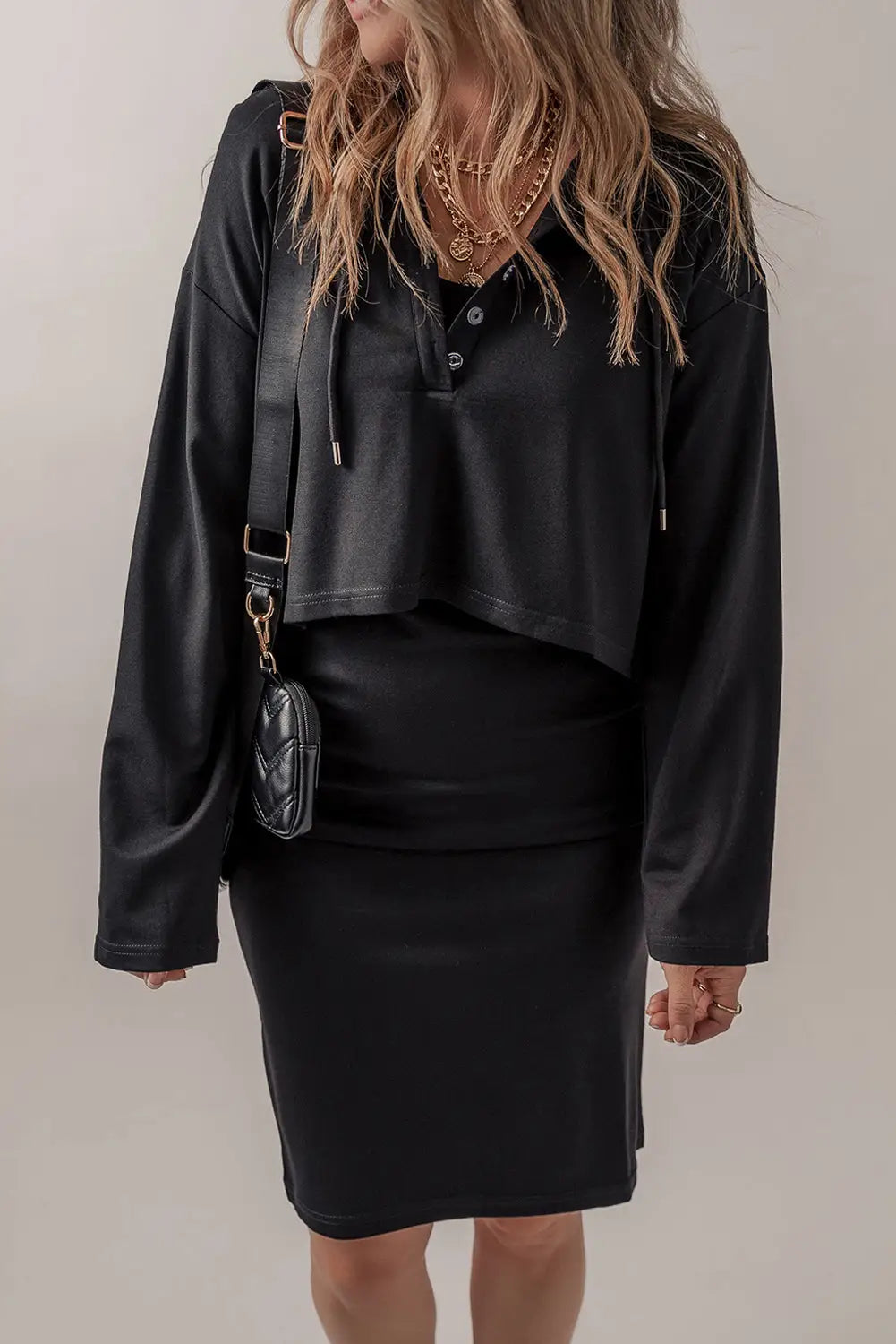 Black cropped hoodie slip dress 2pcs outfit - s / 95% cotton + 5% elastane - loungewear