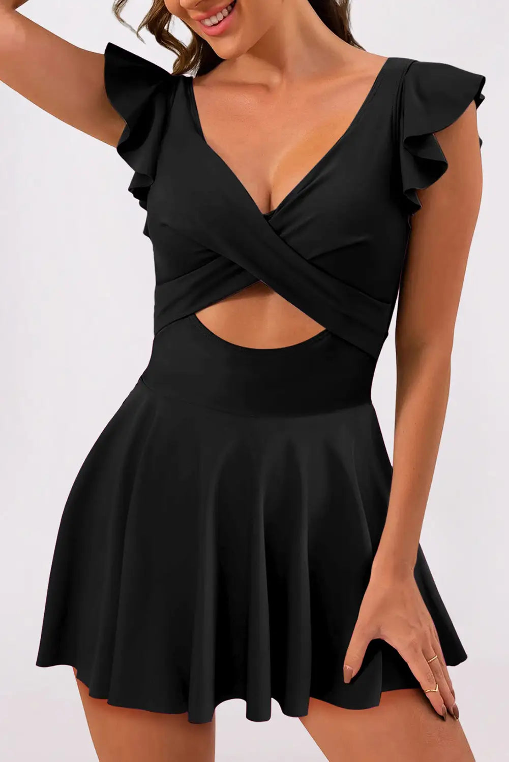 Black crossed cutout one piece swimdress - s / 82% polyamide + 18% elastane - swim dresses