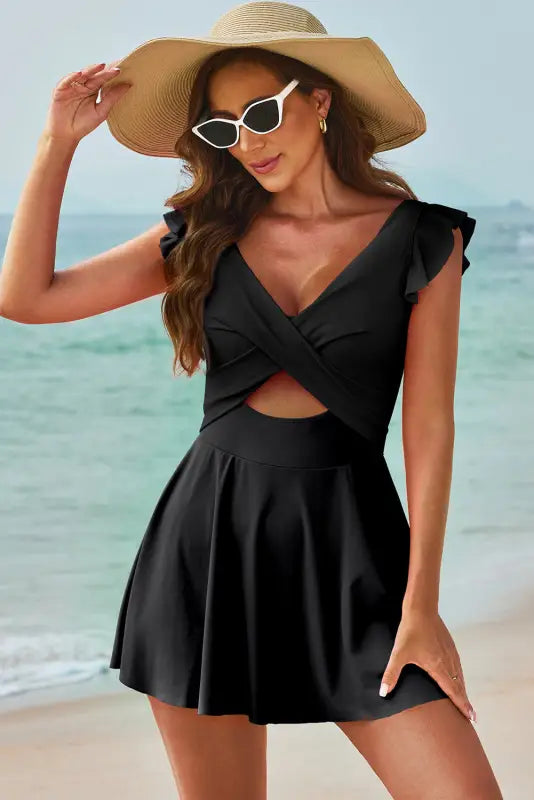 Black crossed cutout one piece swimdress - swim dresses