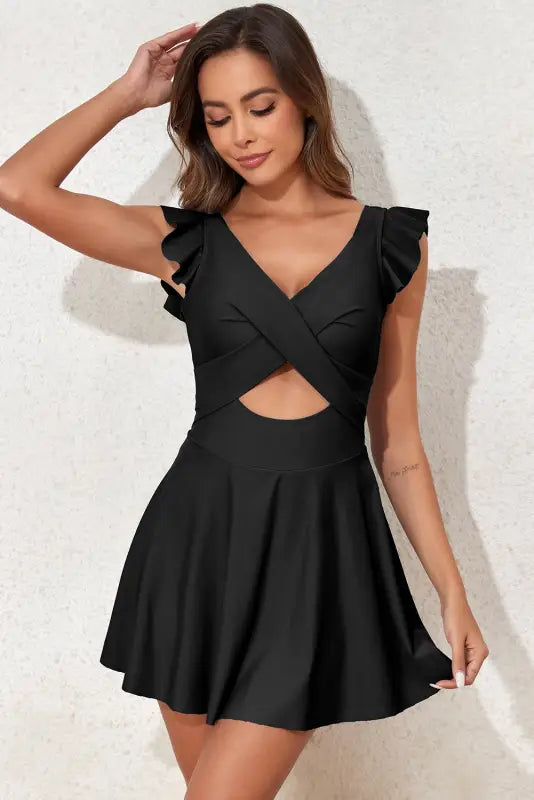 Black crossed cutout one piece swimdress - swim dresses