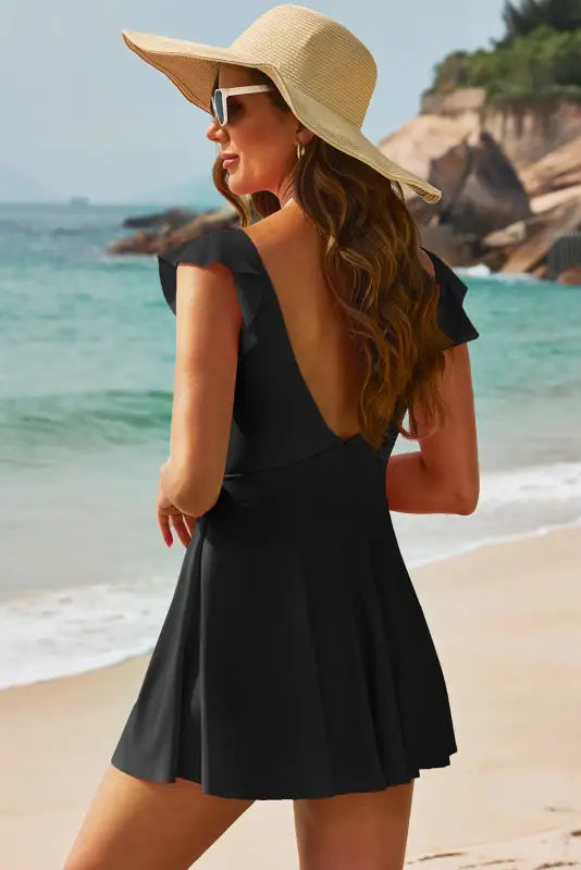 Black crossed cutout one piece swimdress - swim dresses