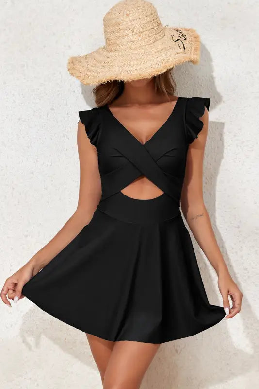 Black crossed cutout one piece swimdress - swim dresses