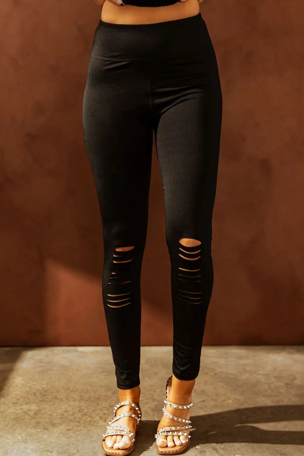 Black cut-out skinny high waist leggings - bottoms