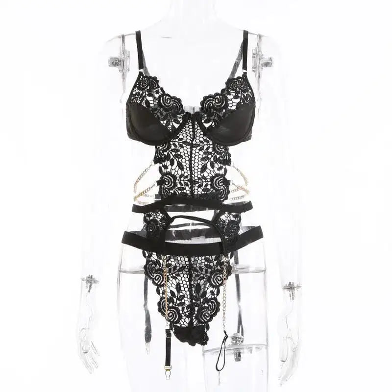 Black cutout metal chain bustiers - garter sets