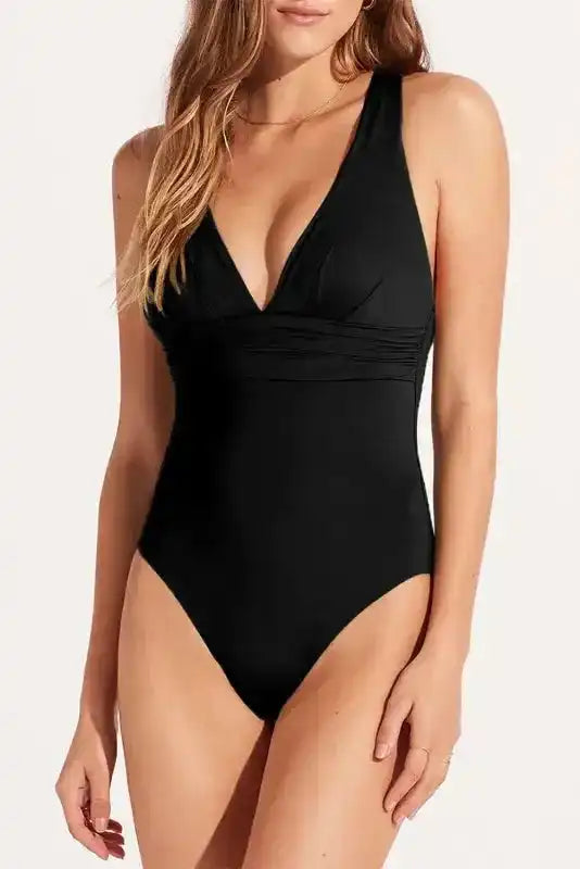 Black Deep V-Neck Crossover Backless Monokini - Fashionfitz