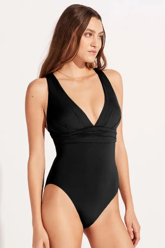 Black deep v neck crossover backless monokini - one piece swimsuits