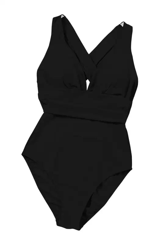 Black deep v neck crossover backless monokini - one piece swimsuits