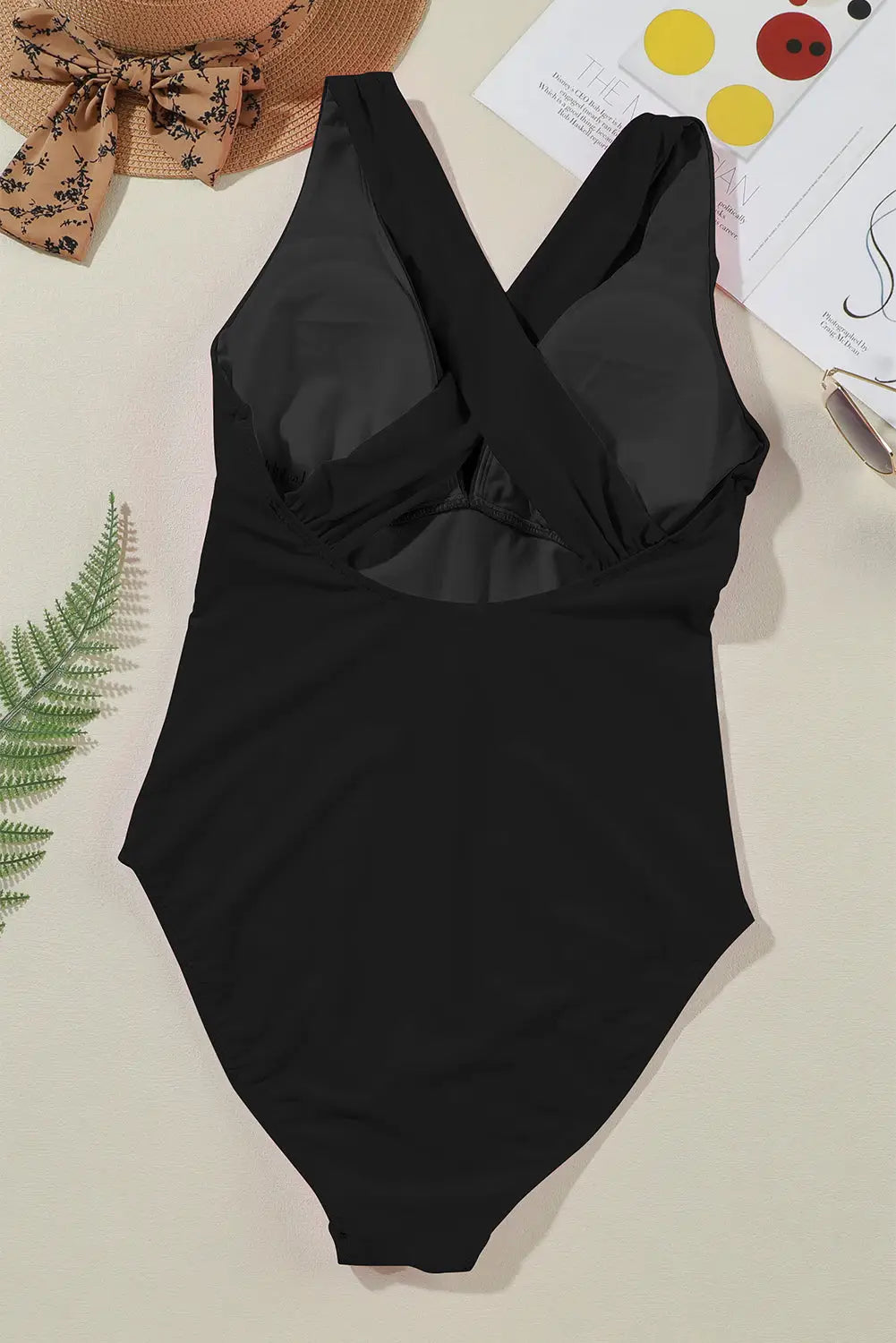Black deep v neck crossover backless monokini - one piece swimsuits