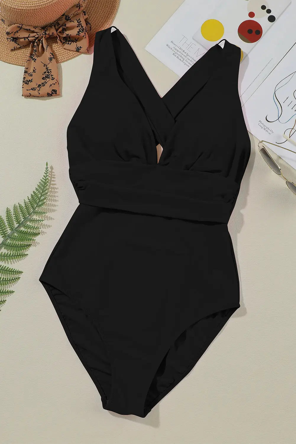 Black deep v neck crossover backless monokini - one piece swimsuits