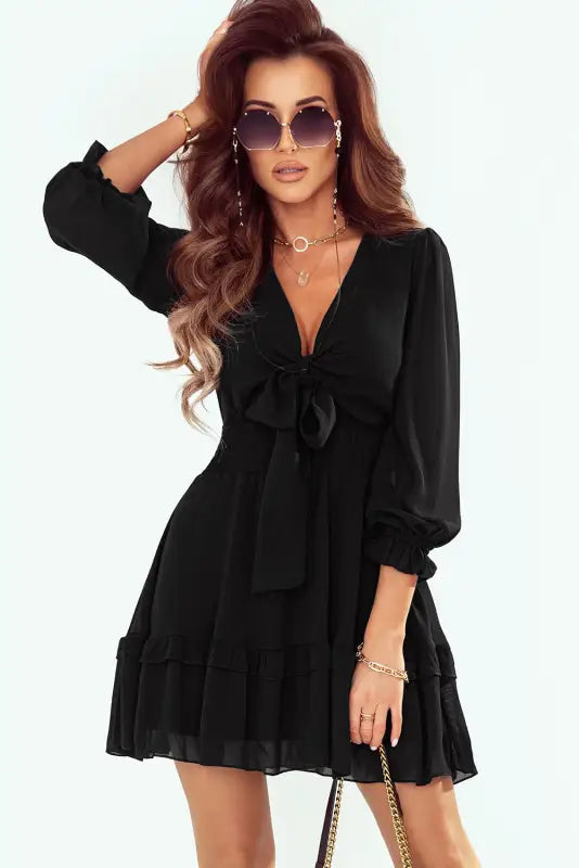 Black deep v neck lantern sleeve knotted tiered mini dress - dresses