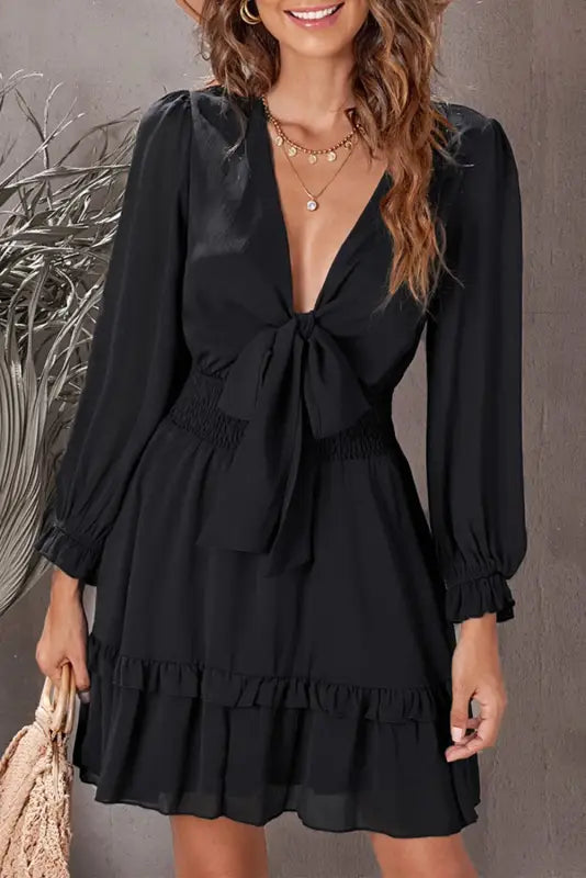 Black deep v neck lantern sleeve knotted tiered mini dress - dresses