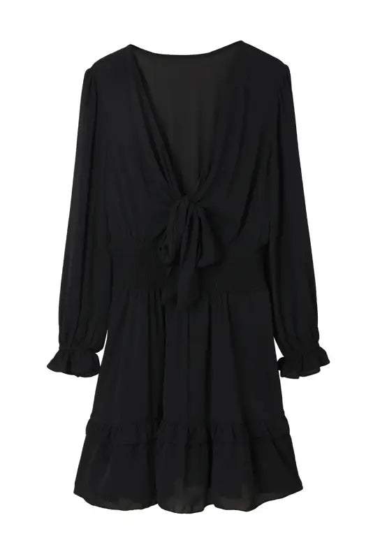 Black deep v neck lantern sleeve knotted tiered mini dress - dresses