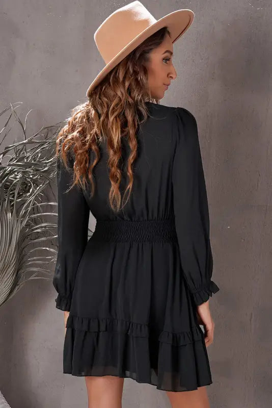 Black deep v neck lantern sleeve knotted tiered mini dress - dresses