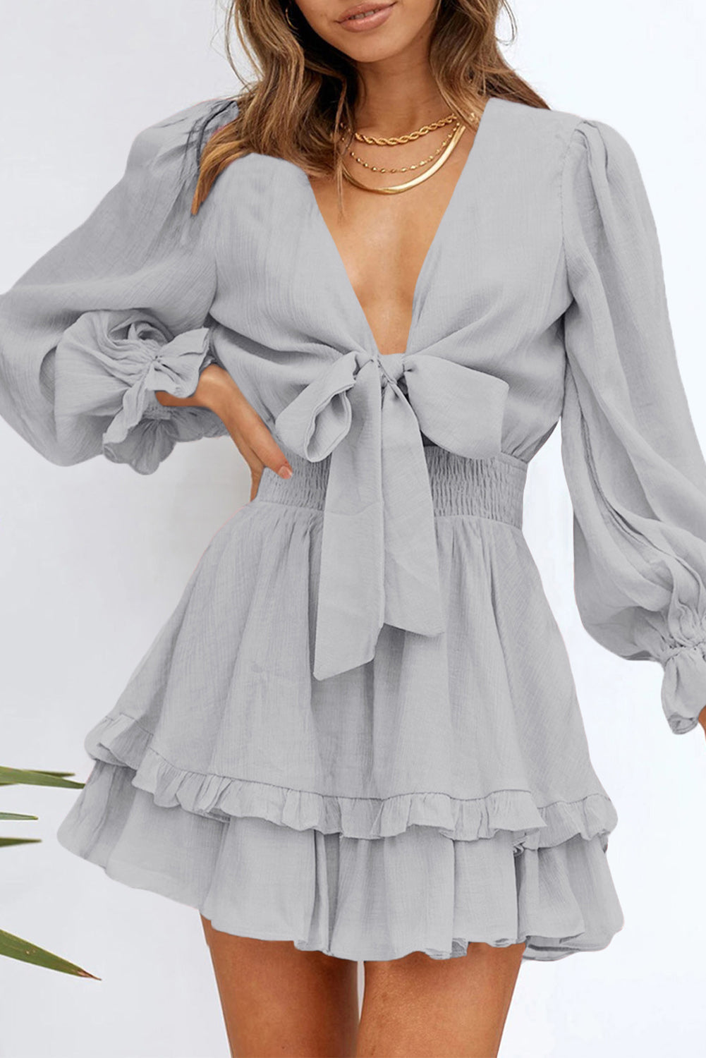 Black deep v neck lantern sleeve knotted tiered mini dress - gray / s 95% polyester + 5% elastane dresses
