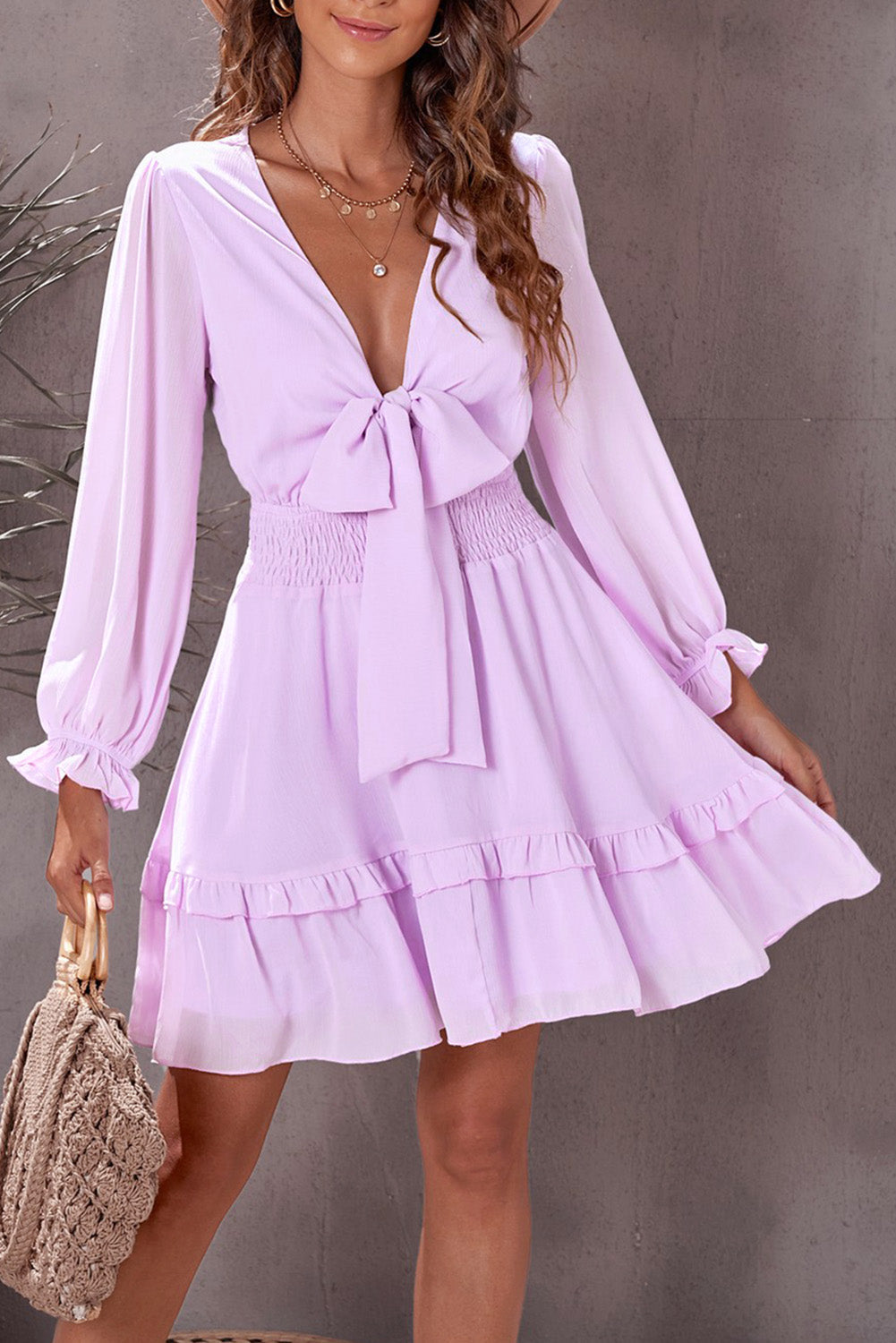 Black deep v neck lantern sleeve knotted tiered mini dress - pink / s / 95% polyester + 5% elastane - dresses