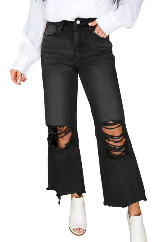 Black distressed cropped flare jeans