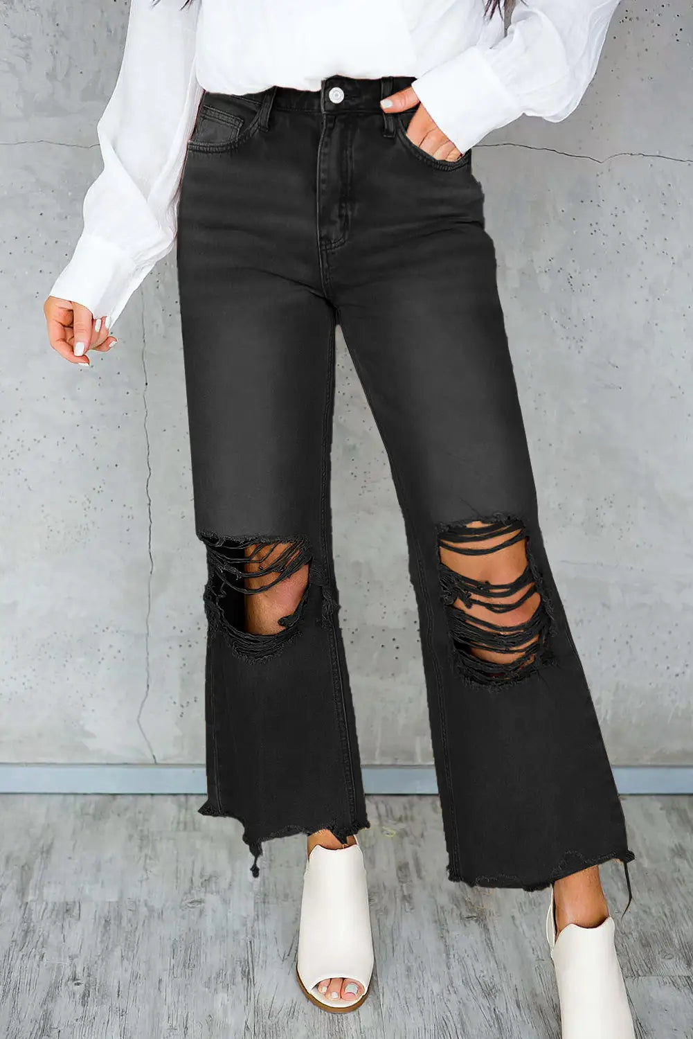 Black distressed hollow - out high waist cropped flare jeans - 10 100% cotton