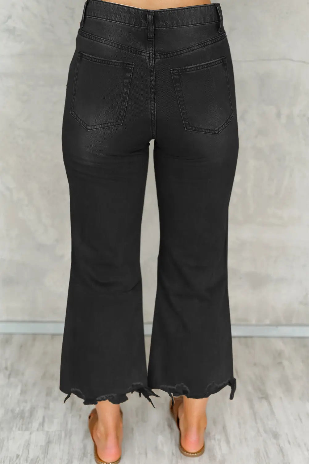 Black distressed hollow - out high waist cropped flare jeans