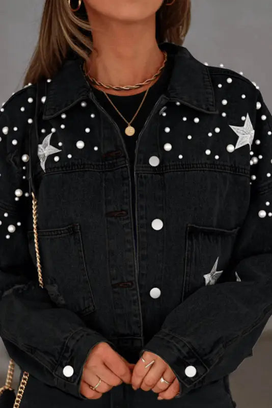 Black distressed pearls star cropped denim jacket - s / 85% cotton + 15% polyester - outerwear